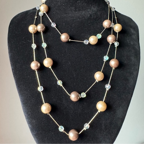 Lia Sophia Station Necklace Gold Brown Beige Pearls (Vintage Flapper Girl Pearl) - Picture 7 of 17